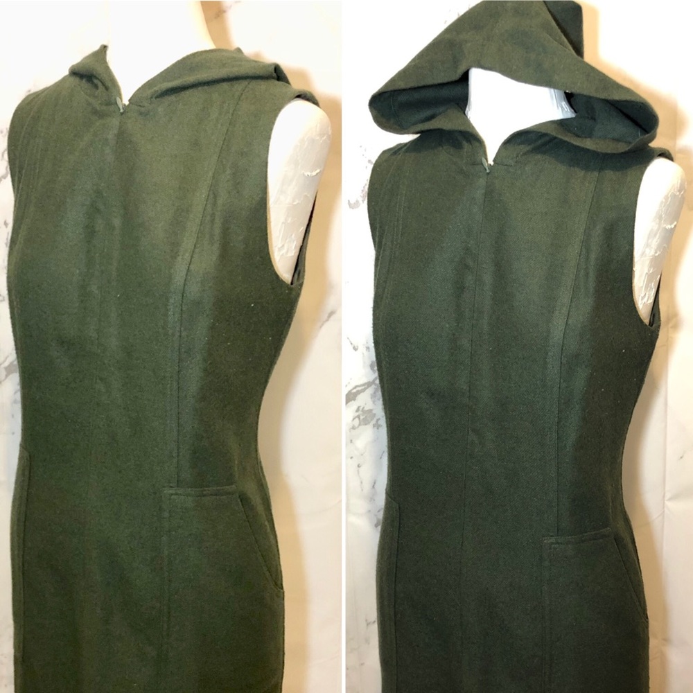 Vintage Army Green Hooded Dress with Pockets